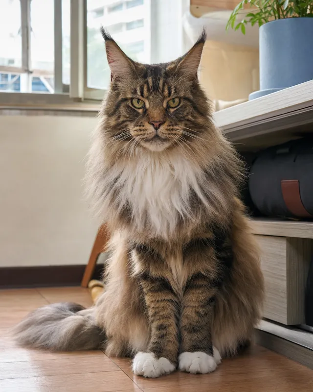 木地板上坐姿端正的棕虎斑緬因貓,耳尖有猞猁毛、胸前白色鬃毛