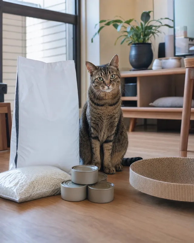 虎斑貓坐在飼料、貓砂、罐頭與貓抓板旁，呈現養貓每月消耗品