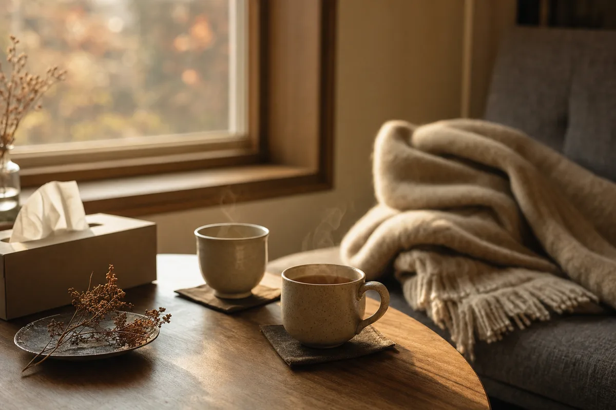 窗邊小桌上兩杯還冒著熱氣的茶、一盒面紙、沙發上摺好的毯子
