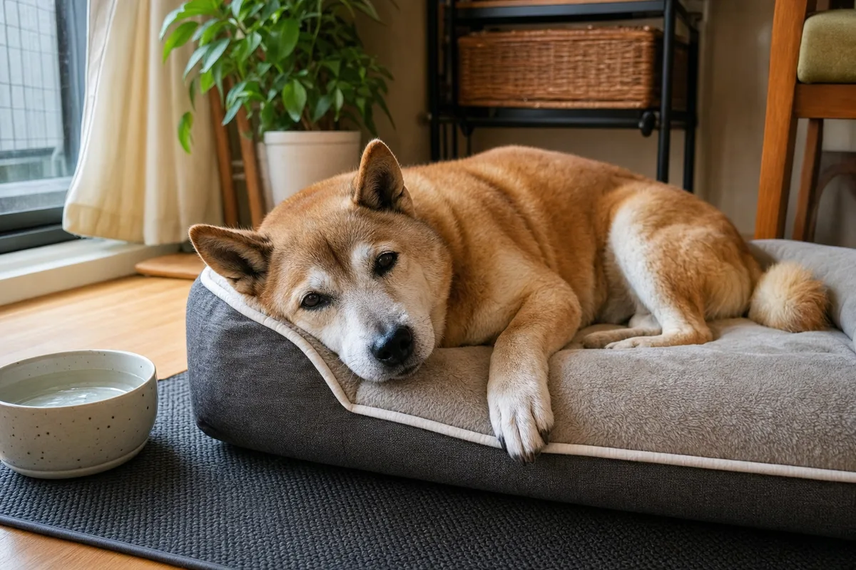 白吻高齡犬安穩趴在記憶棉骨科床上，床下墊防滑墊、旁邊放水碗的居家照護配置
