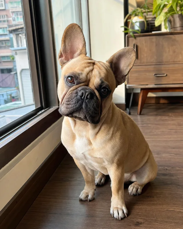 窗邊自然光下的淺褐色法國鬥牛犬坐姿照