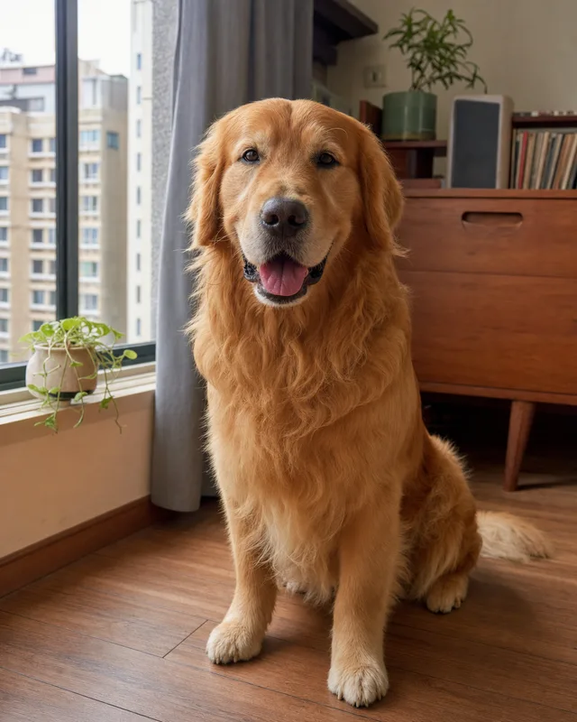 窗邊自然光下的黃金獵犬坐姿照