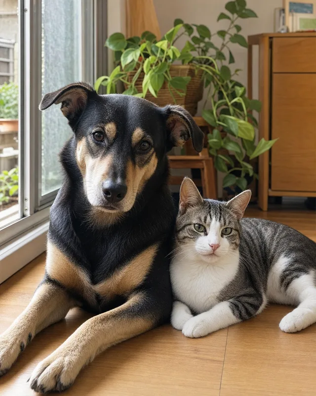 窗邊的米克斯犬與米克斯貓同框：黑黃褐混種犬與灰白虎斑混種貓